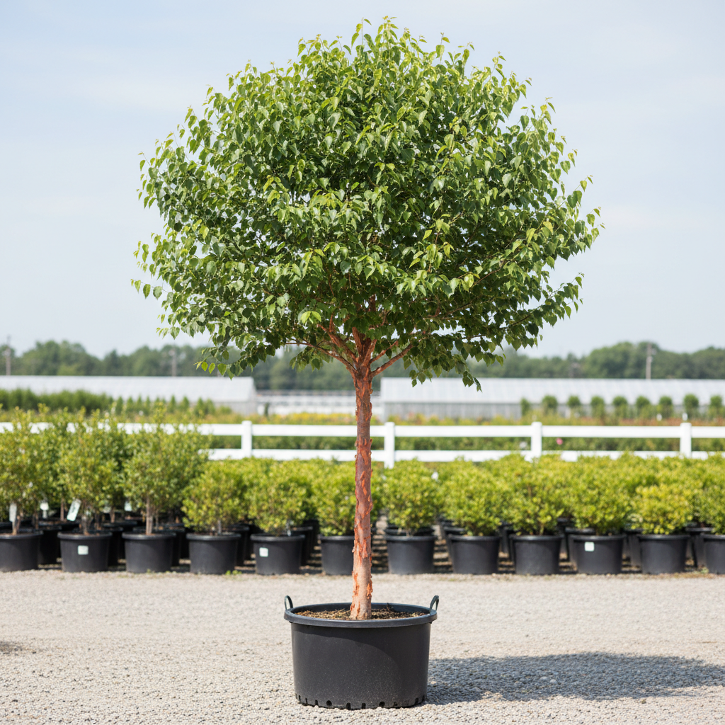 Heritage® River Birch tree form in nursery container with single trunk, exfoliating salmon-pink and cinnamon peeling bark, and full green canopy