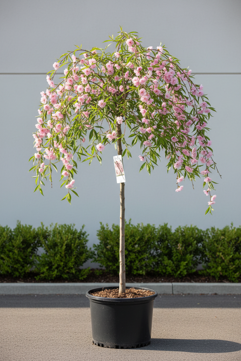 7 foot tall Weeping Peach tree in a 10 gallon container with graceful cascading branches