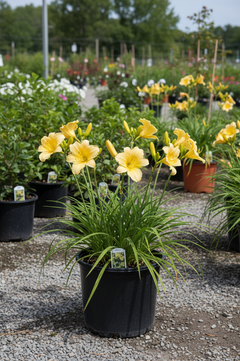Happy Returns Daylily in black nursery pot with lemon-yellow flowers and grassy foliage at garden center