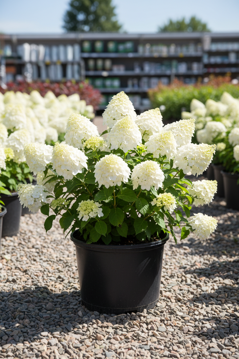 Bobo panicle hydrangea in black nursery pot covered in large white cone-shaped panicles