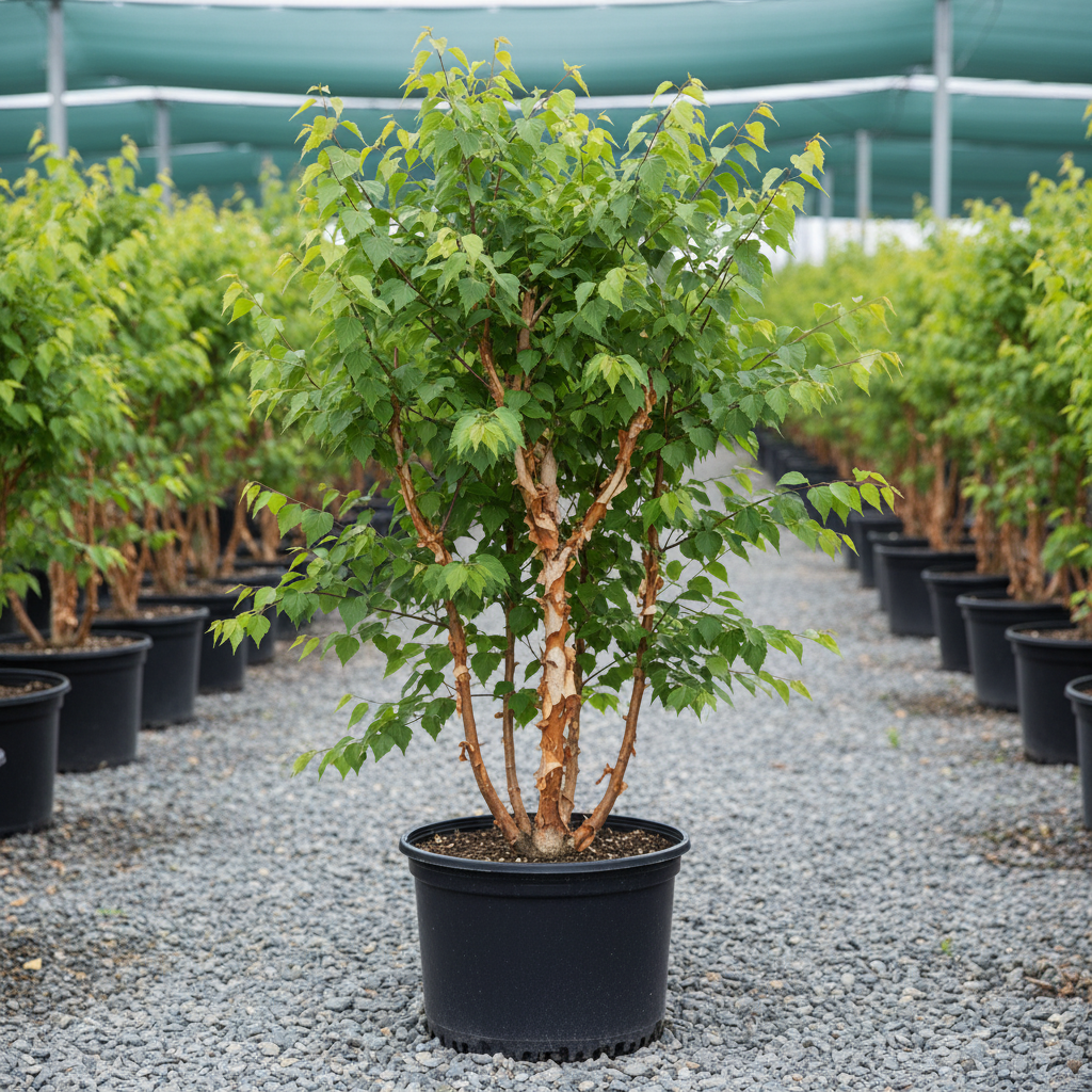 Fox Valley® Dwarf River Birch in 15-gallon nursery container with peeling cinnamon-cream bark and green foliage