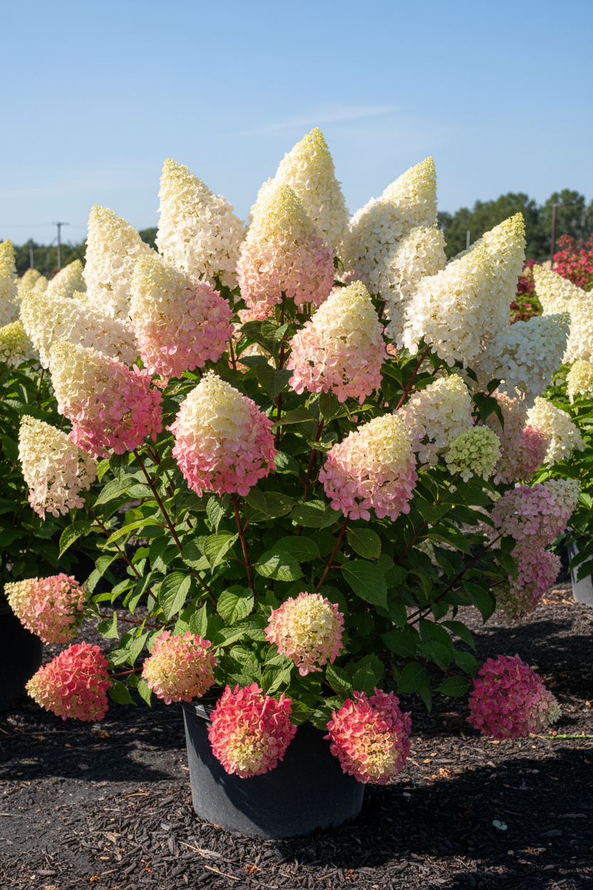 Vanilla Strawberry hydrangea in full bloom with white to strawberry pink flower panicles