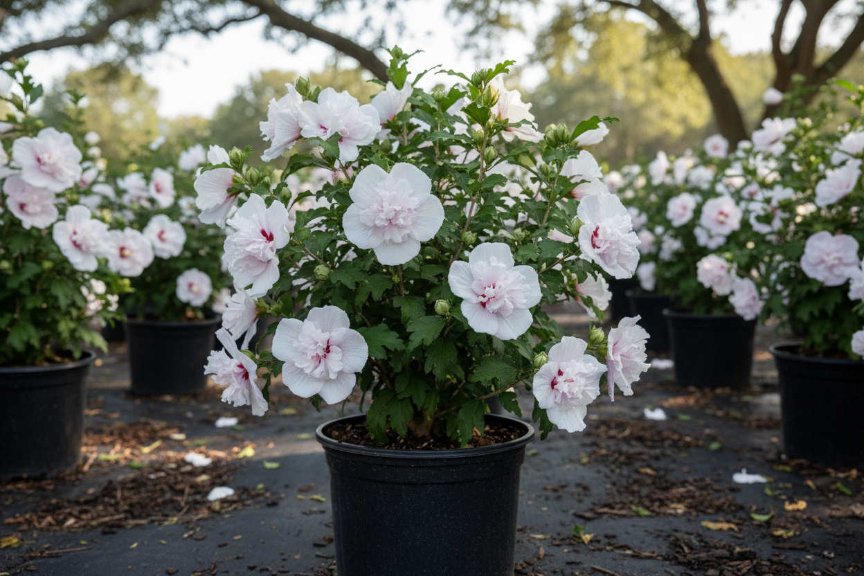 Althea 'Fiji™' Rose of Sharon with double white flowers in black nursery container