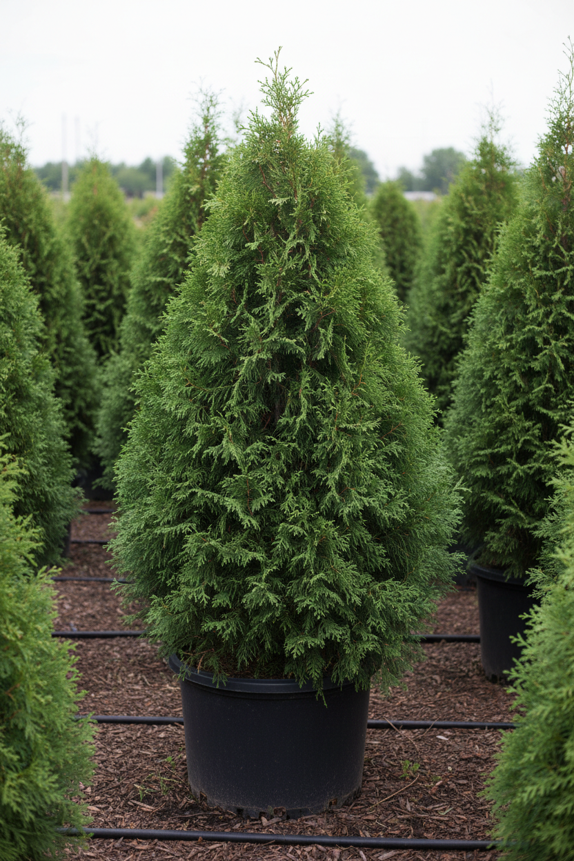Arborvitae Hetz Wintergreen broad open pyramidal evergreen in nursery container