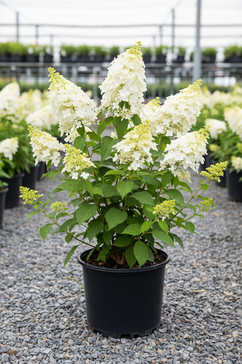 Chantilly Lace panicle hydrangea in black nursery pot with delicate airy white lacecap-style panicles