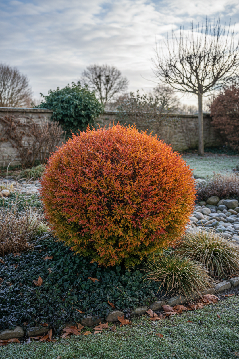 Arborvitae Fire Chief Globe compact round evergreen with orange-red winter tips