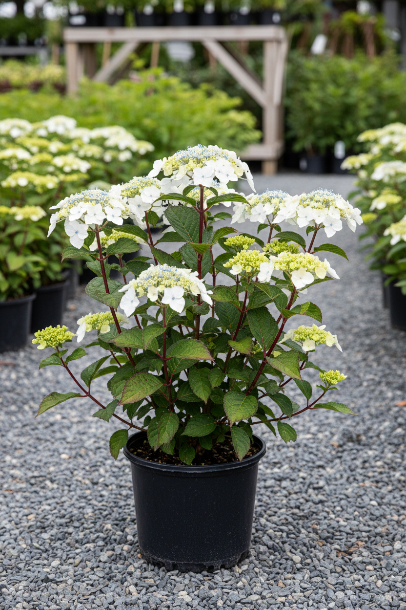 Lady in Red hydrangea in black nursery pot with white lacecap flowers and distinctive red stems