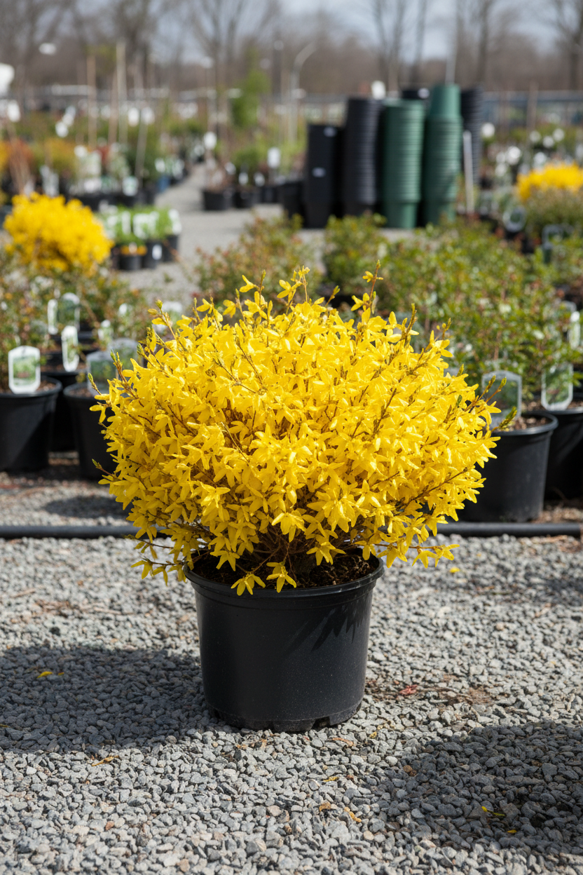 Spring Fling Forsythia in black nursery pot with dense golden-yellow spring blooms at garden center
