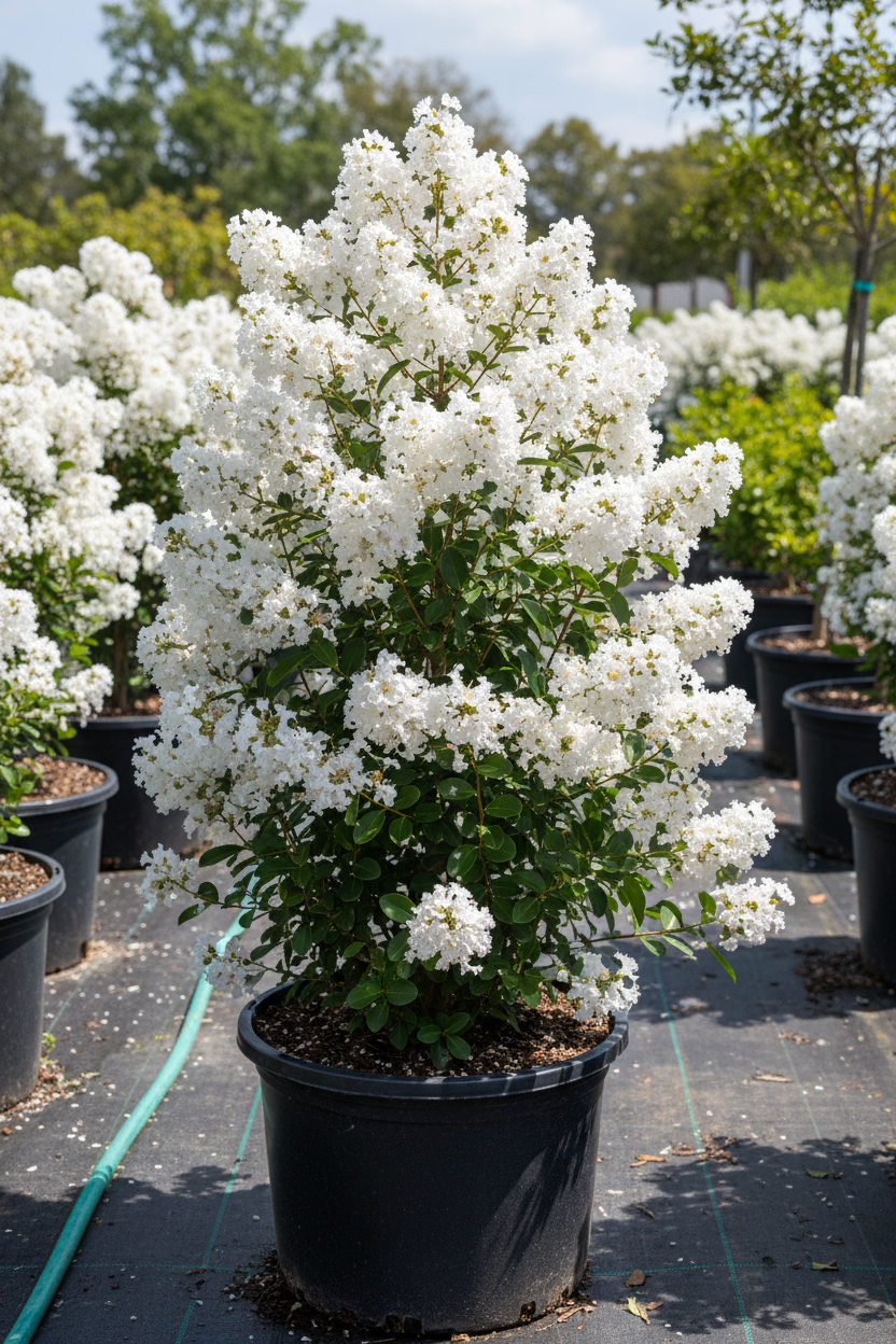 Thunderstruck White Lightning Crape Myrtle in full bloom with pure white flower clusters