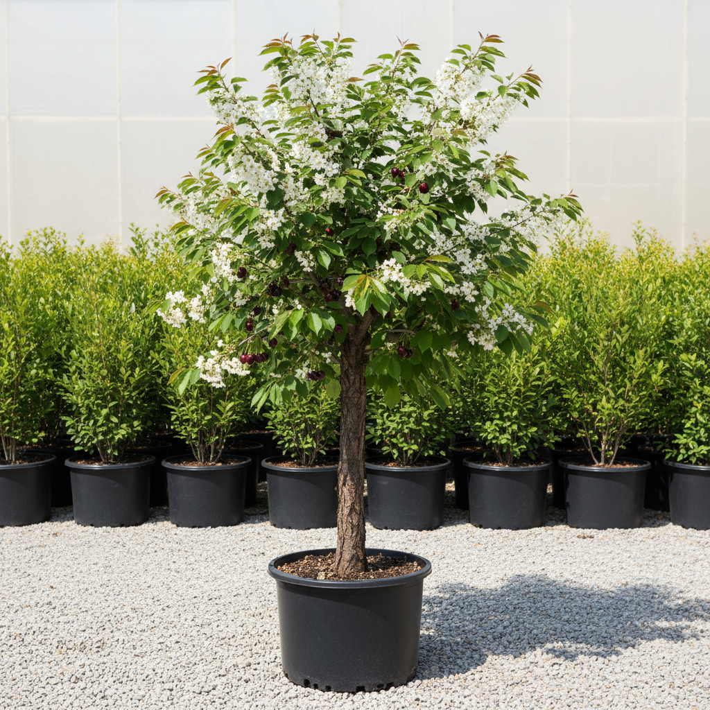 Black Cherry tree in nursery container with dark furrowed bark and lush green foliage