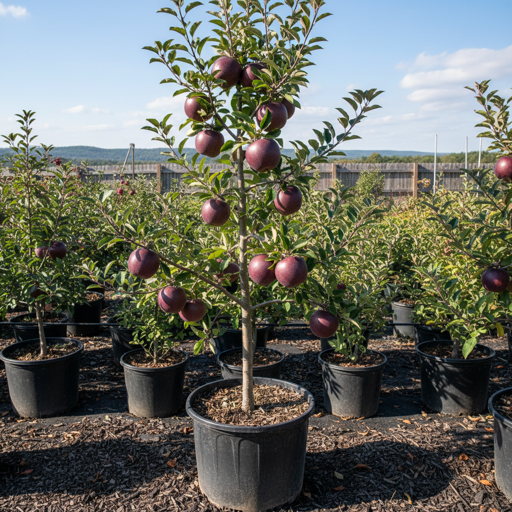 Arkansas Black semi-dwarf apple tree in nursery container