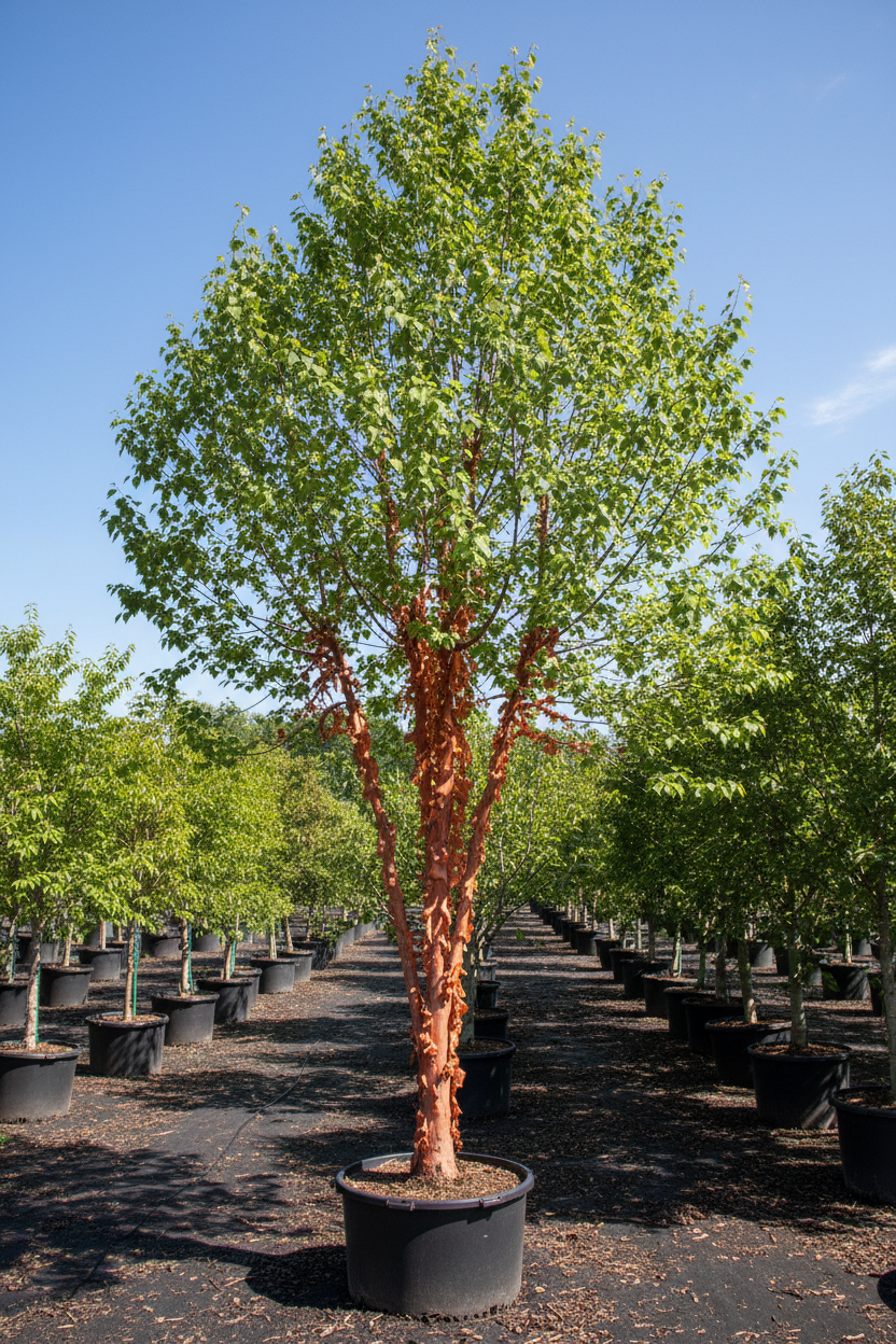 River Birch single stem tree form showing full tree with peeling cinnamon-salmon bark and graceful green canopy