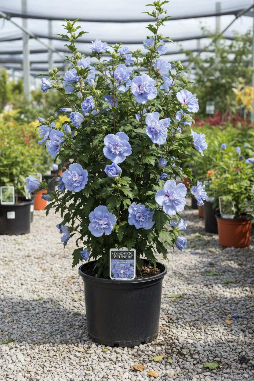 Blue Chiffon Rose of Sharon Proven Winners in black nursery pot with powder-blue double flowers at garden center