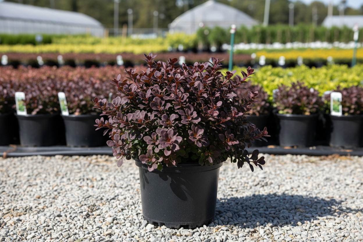 Sunjoy Mini Maroon Barberry compact dwarf shrub with deep dark maroon foliage, nursery stock
