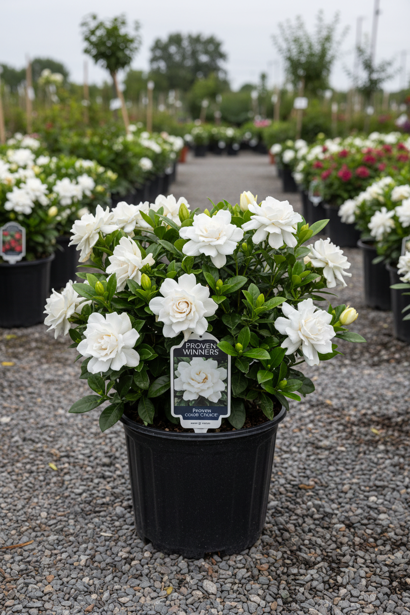 Pillow Talk Gardenia Proven Winners in black nursery pot with large double white fragrant blooms at garden center