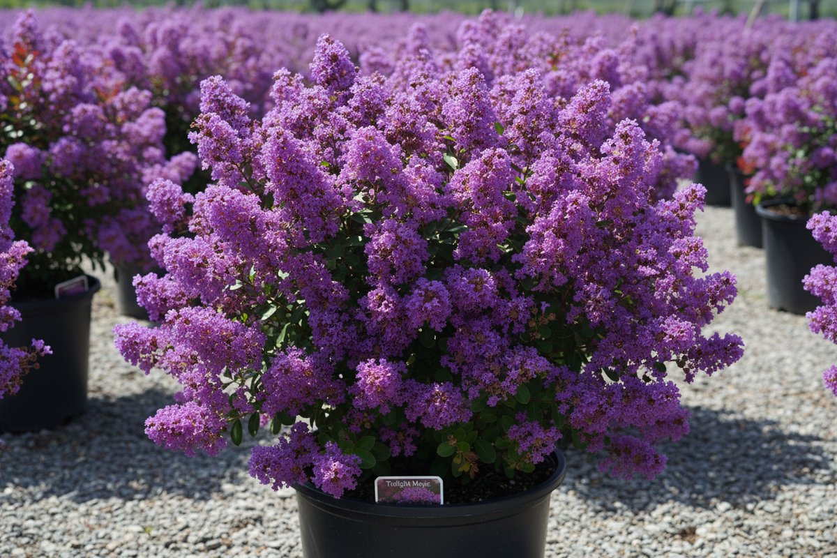 Twilight Magic crape myrtle with deep purple-violet blooms in compact rounded form