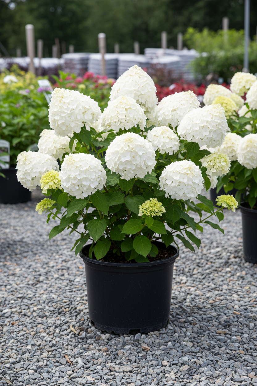Puffer Fish panicle hydrangea in black nursery pot with unique round puffy white globe-shaped flower heads