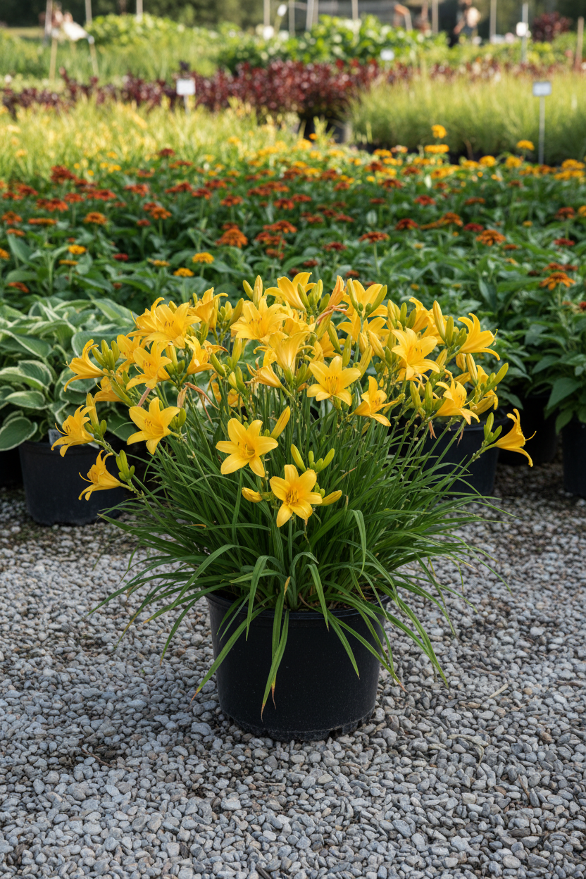 Stella d'Oro Daylily in black nursery pot with golden-yellow flowers and grassy foliage at garden center