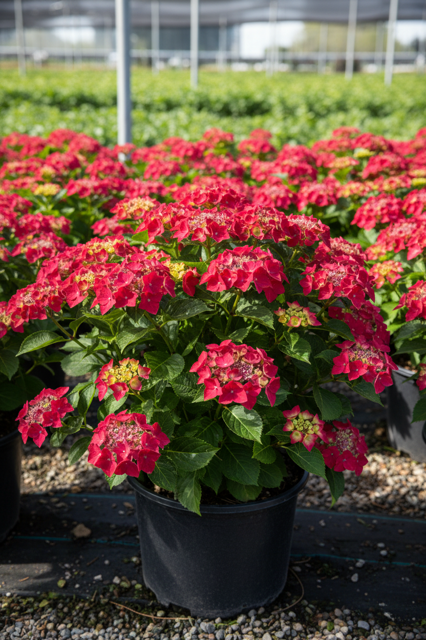 Tuff Stuff Red mountain hydrangea in full bloom with deep red lacecap flowers