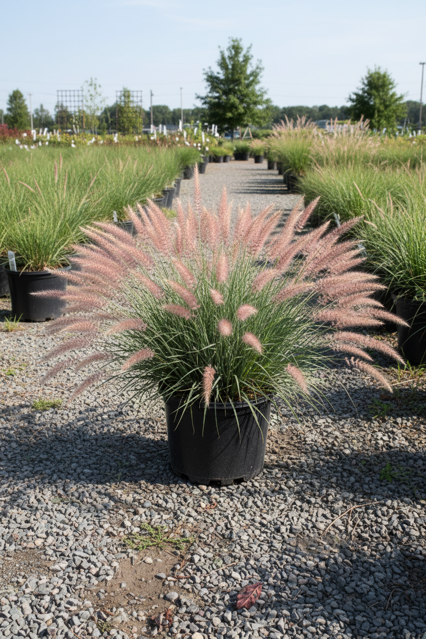 Karley Rose Oriental Fountain Grass in black nursery pot with rosy-pink bottlebrush plumes and blue-green foliage at garden center