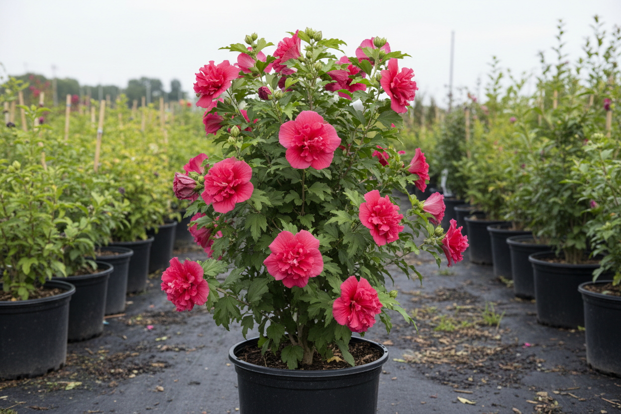 Althea 'Lucy' Rose of Sharon with deep rose-red double flowers in black nursery container