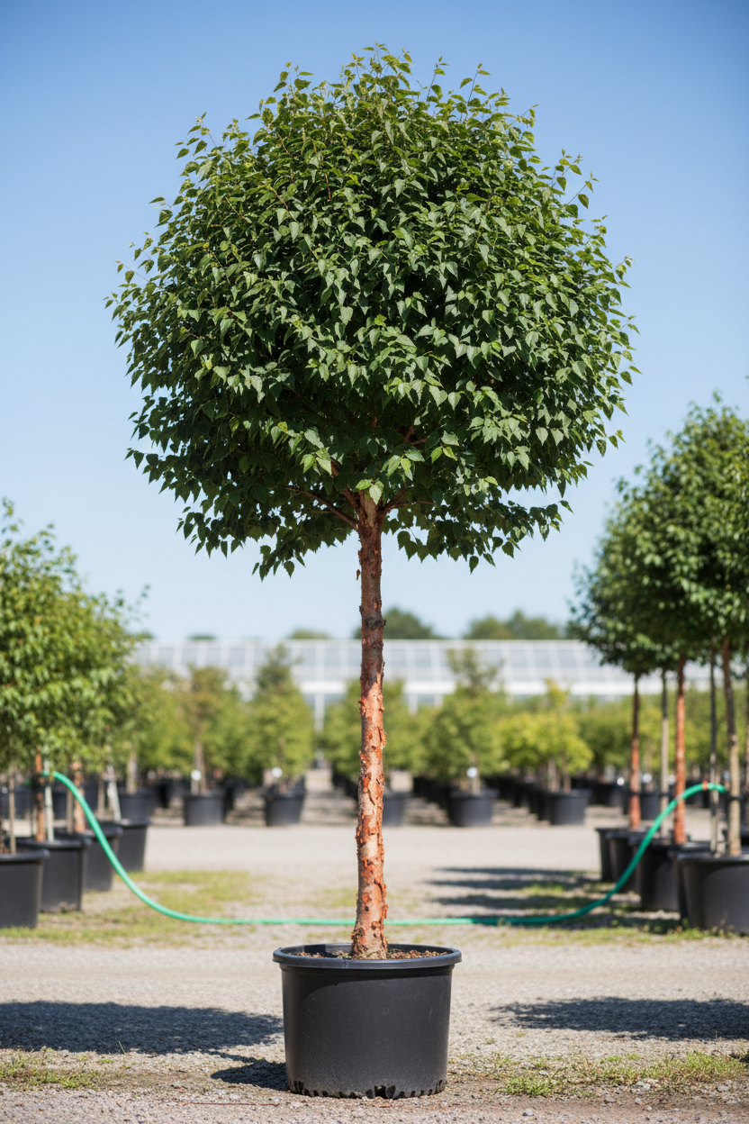 Dura-Heat River Birch single stem tree form with peeling cinnamon-salmon bark and glossy dark green foliage