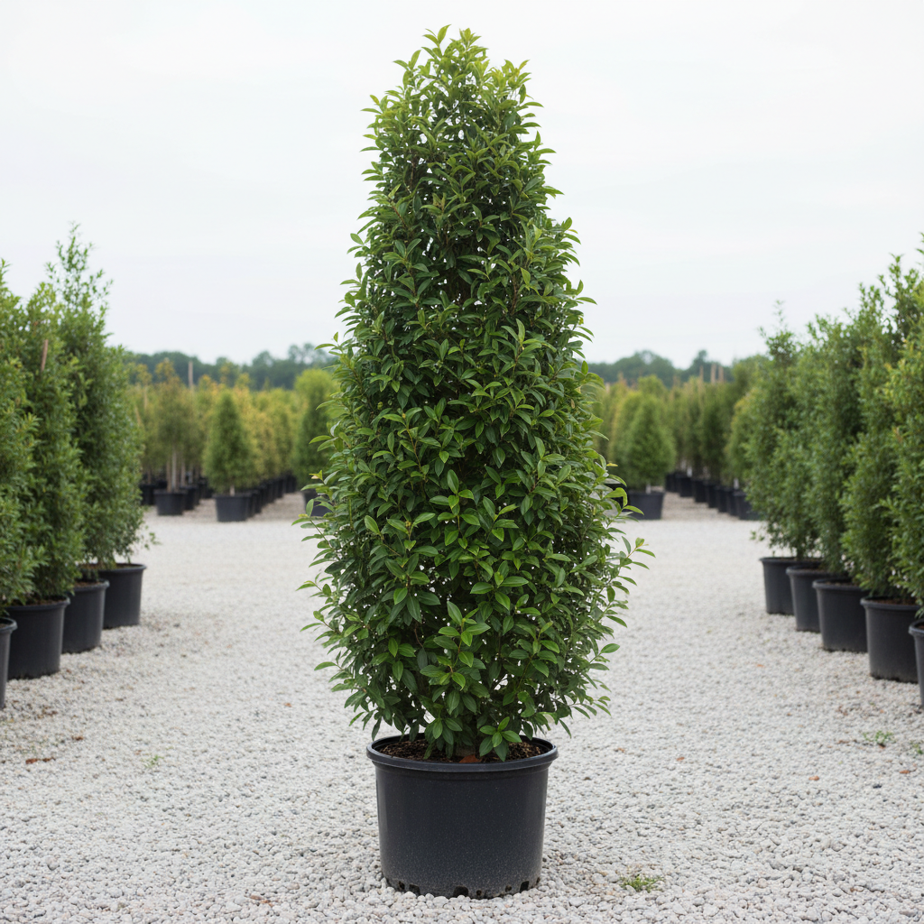 Tupelo Tower™ Blackgum tree in nursery container with narrow columnar upright form and glossy dark green foliage