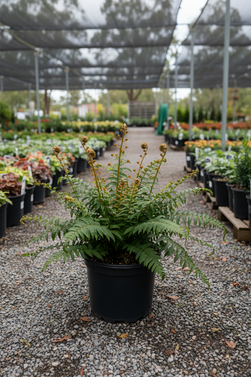 Autumn Fern in black nursery pot showing coppery-red new fronds and dark green mature fronds at garden center
