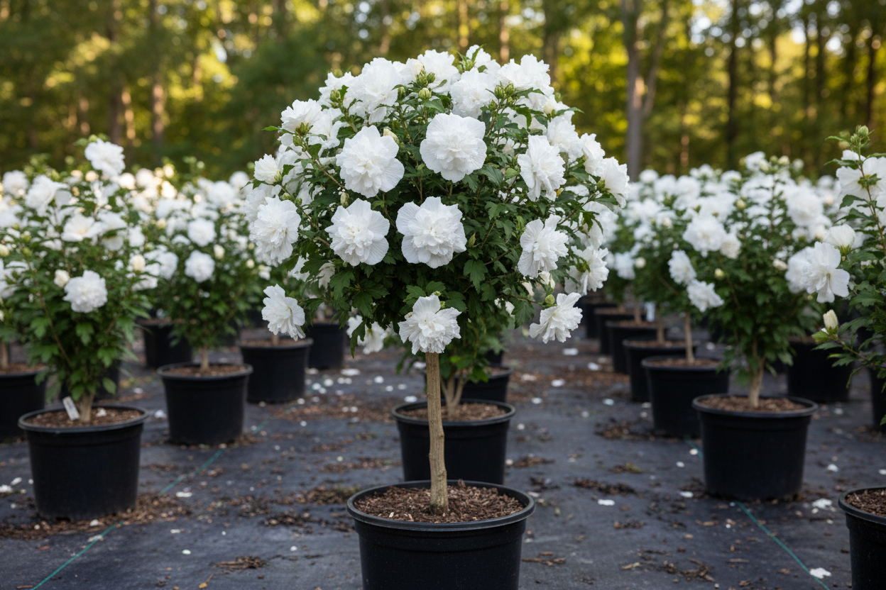 Althea 'Jeanne d'Arc' Rose of Sharon in tree form with fully double white ruffled flowers in black nursery container