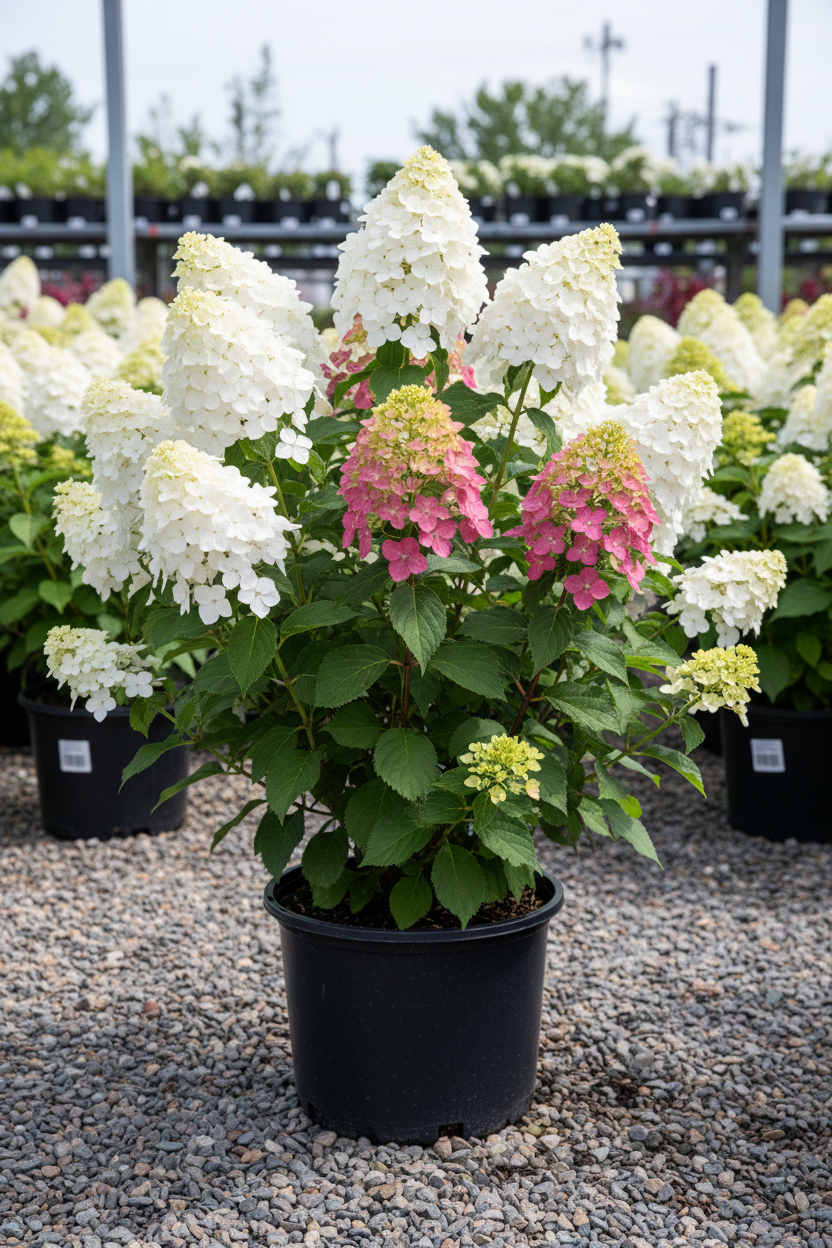 Zinfin Doll hardy hydrangea in black nursery pot with unique lacecap-style white to pink panicles