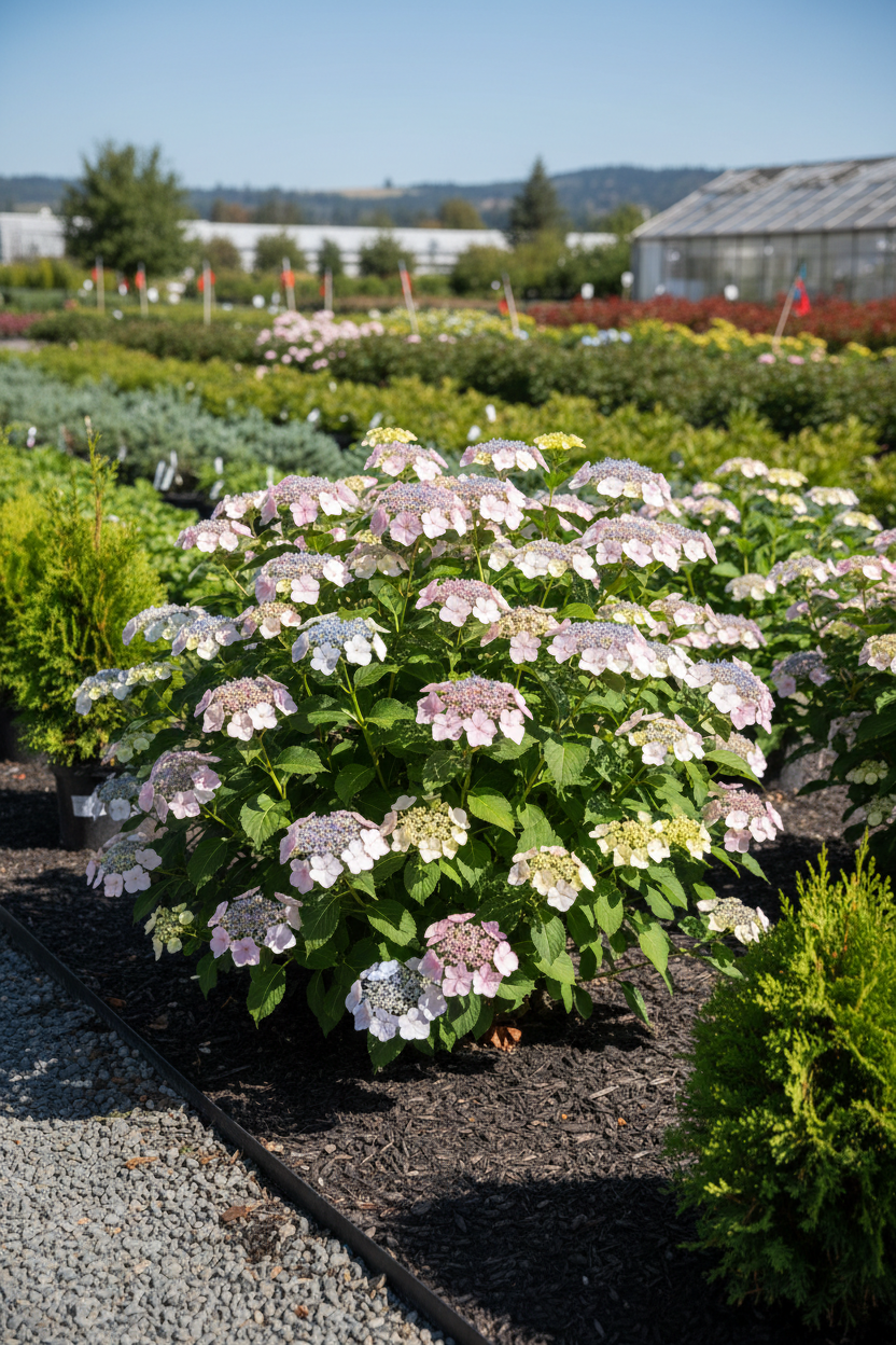 Tuff Stuff mountain hydrangea in full bloom with blue to pink lacecap flowers