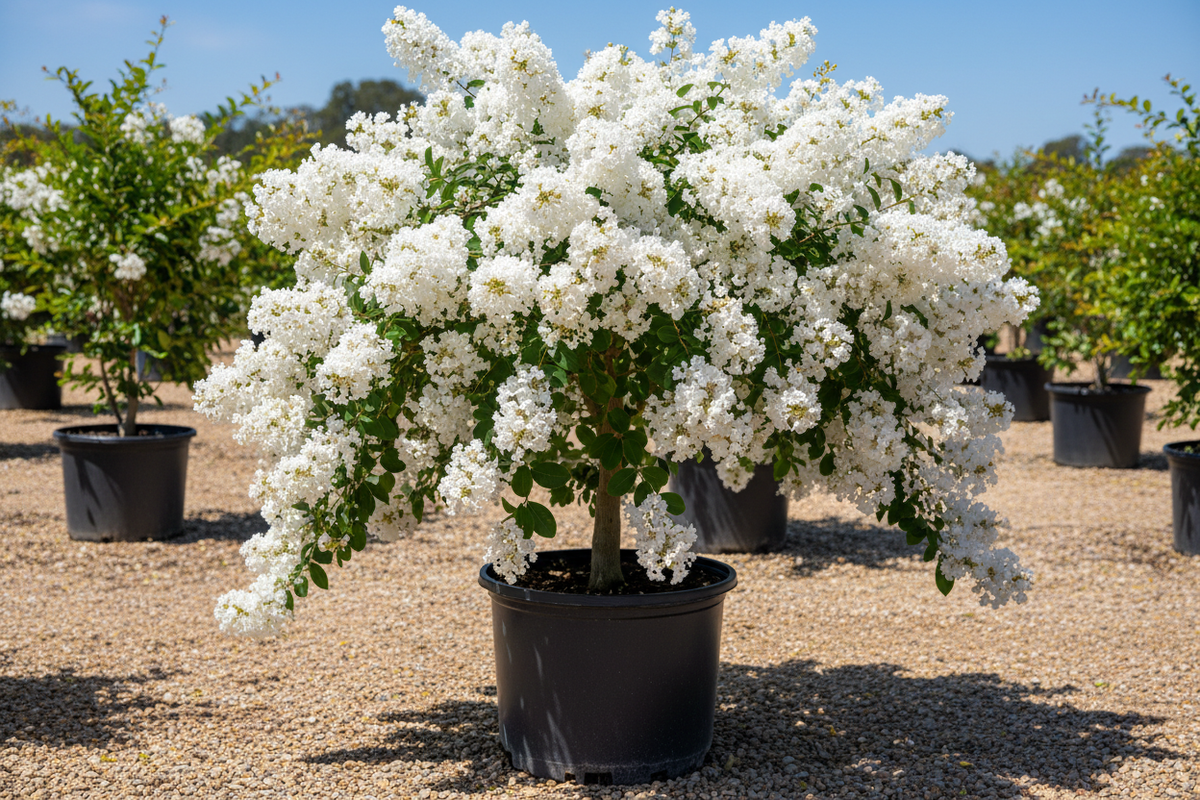 Acoma crape myrtle with white blooms and graceful weeping form
