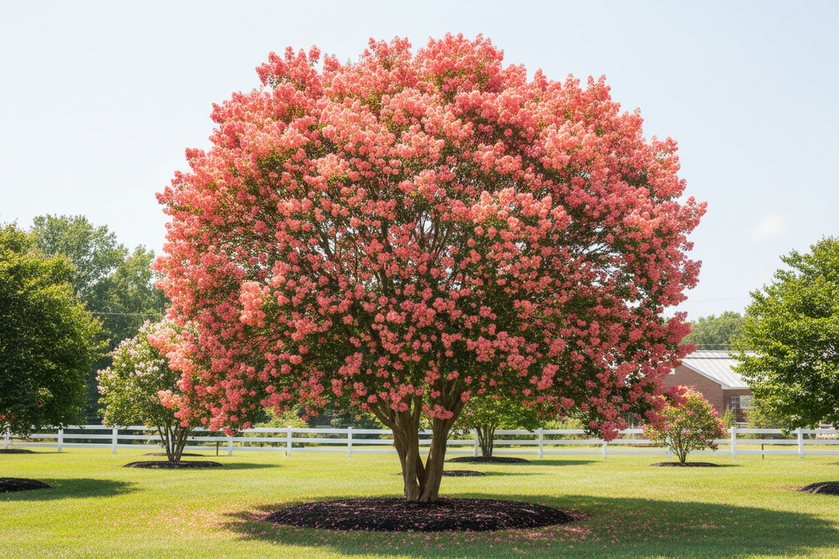 Tuscarora crape myrtle with vivid coral-pink blooms in large upright tree form