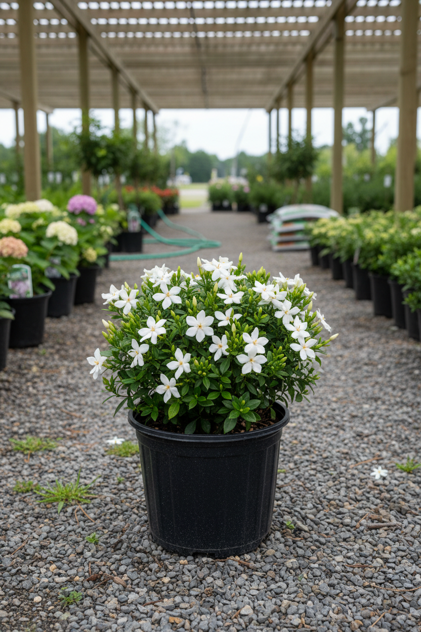 Kleim's Hardy Gardenia in black nursery pot with small white pinwheel flowers and glossy foliage at garden center