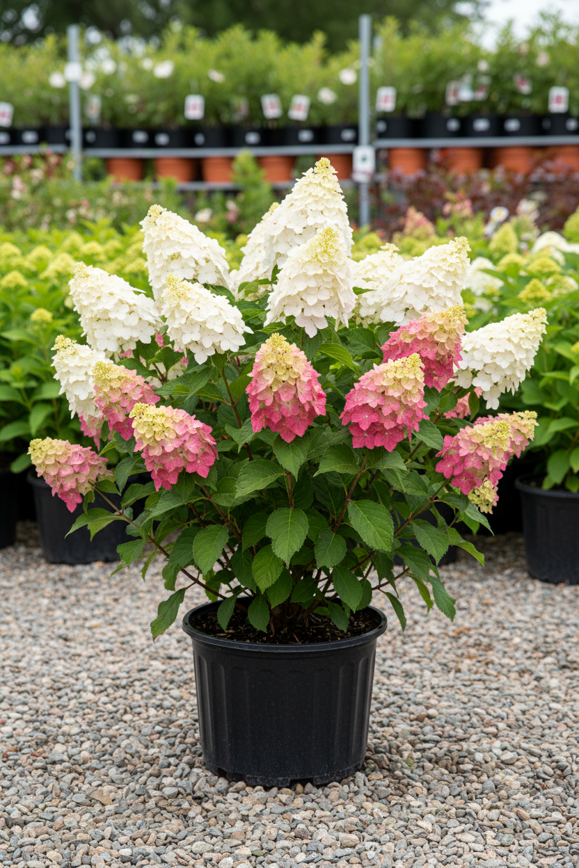 Pinky Winky panicle hydrangea in black nursery pot with large two-toned white and deep pink cone-shaped panicles