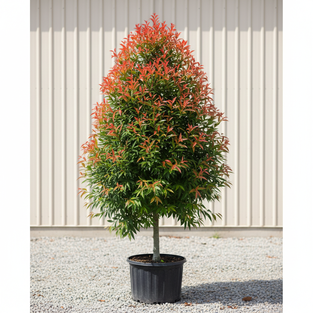 Wildfire Blackgum tree in nursery container with striking red-orange new growth and glossy dark green foliage
