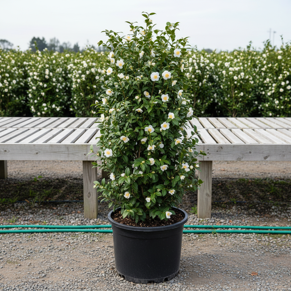 Camellia Autumn Rocket White in black nursery trade container, upright columnar evergreen shrub with glossy dark green leaves and white flowers, outdoor nursery lot background