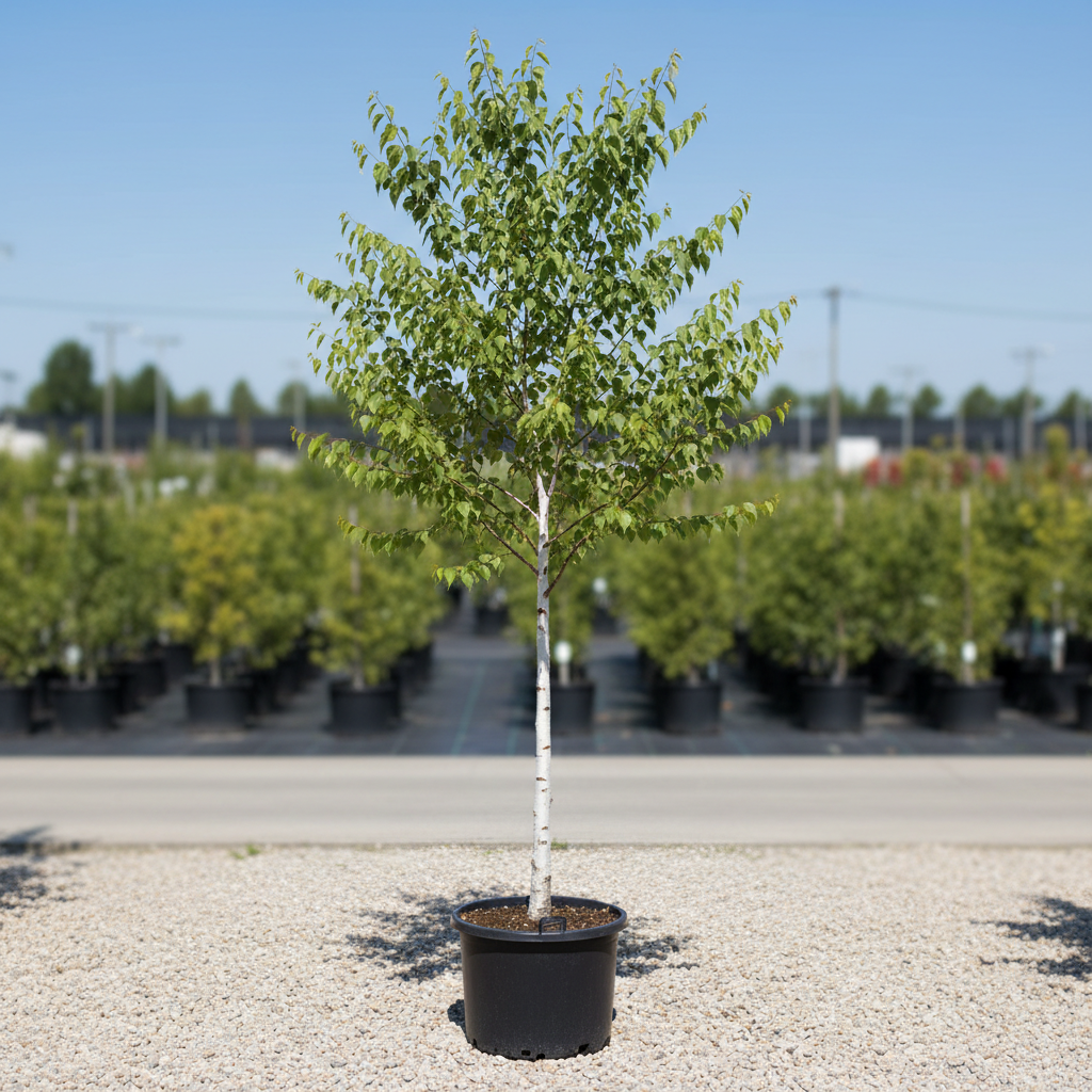 Jacquemontii Birch in nursery container with brilliant white chalky bark and delicate green leaves
