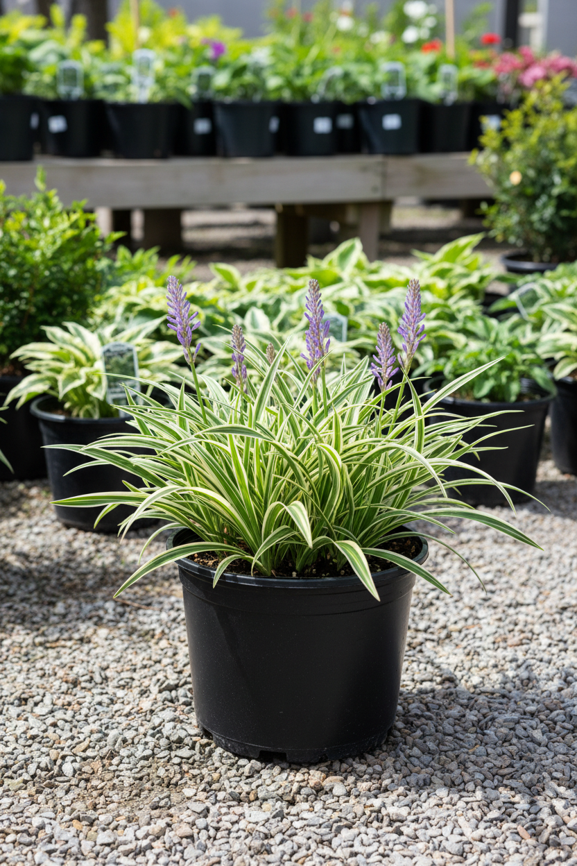 Variegated Liriope in black nursery pot with green and creamy-white striped leaves and lavender flower spikes at garden center