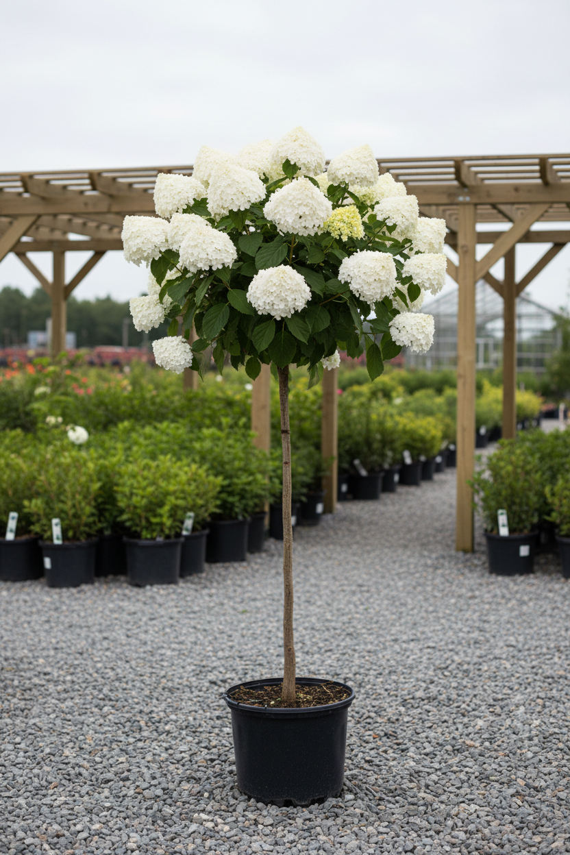 Tree Form Hydrangea in black nursery container with large white mophead flowers on single trunk