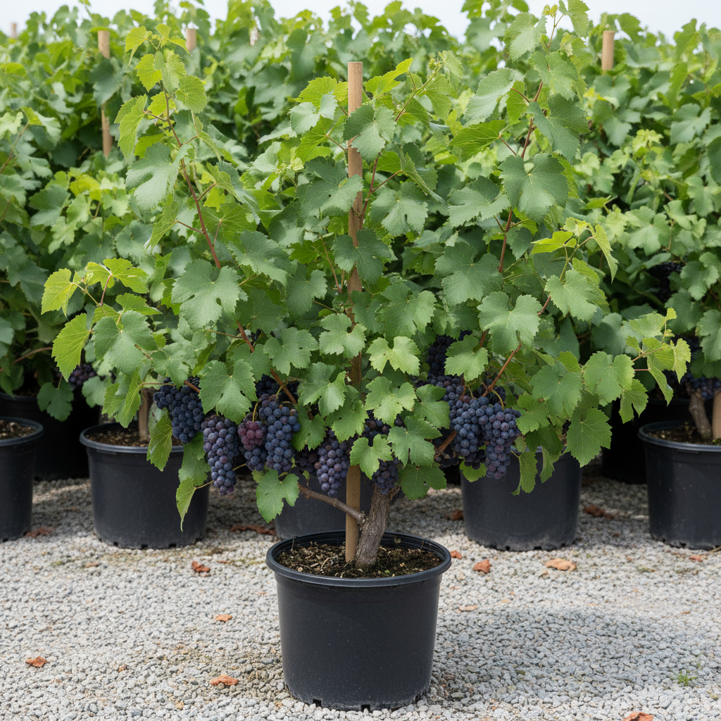 Black Muscadine grape vine in nursery container with glossy dark green leaves and clusters of deep purple-black muscadine grapes