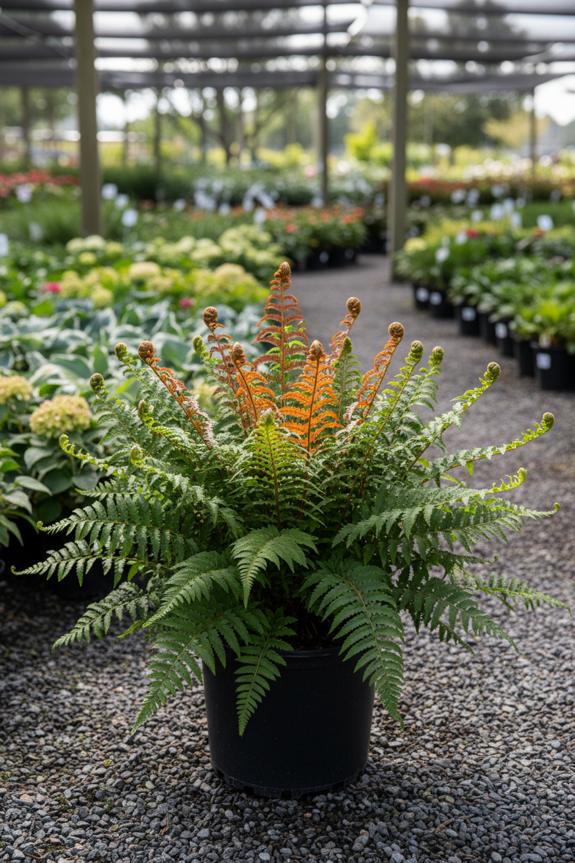 Brilliance Autumn Fern in black nursery pot showing vivid orange-red new fronds at garden center