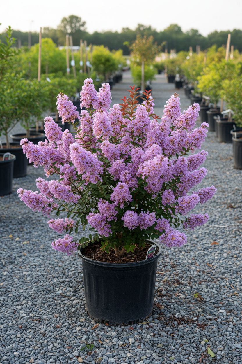 Thunderstruck Lavender Skies Crape Myrtle in black nursery pot at garden center