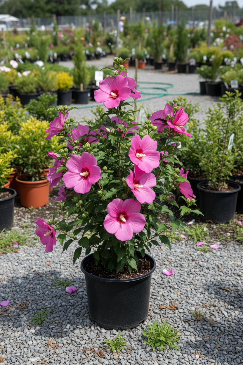 Althea Dark Pink Rose of Sharon in black nursery pot with deep pink flowers at garden center