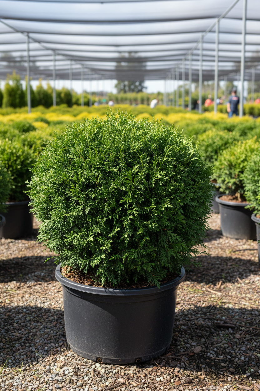 Arborvitae Planet Earth rounded dwarf evergreen in nursery container
