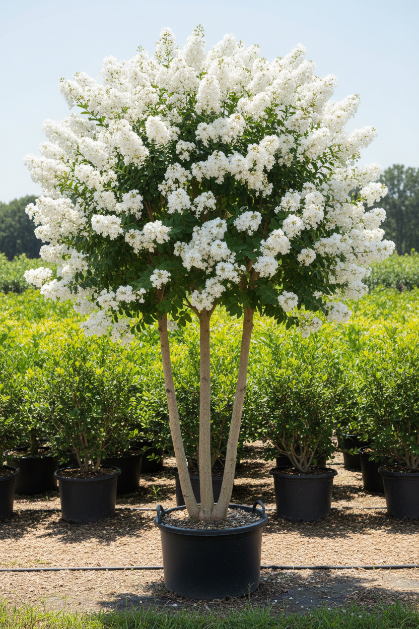 White Crape Myrtle in full bloom with pure white flower clusters