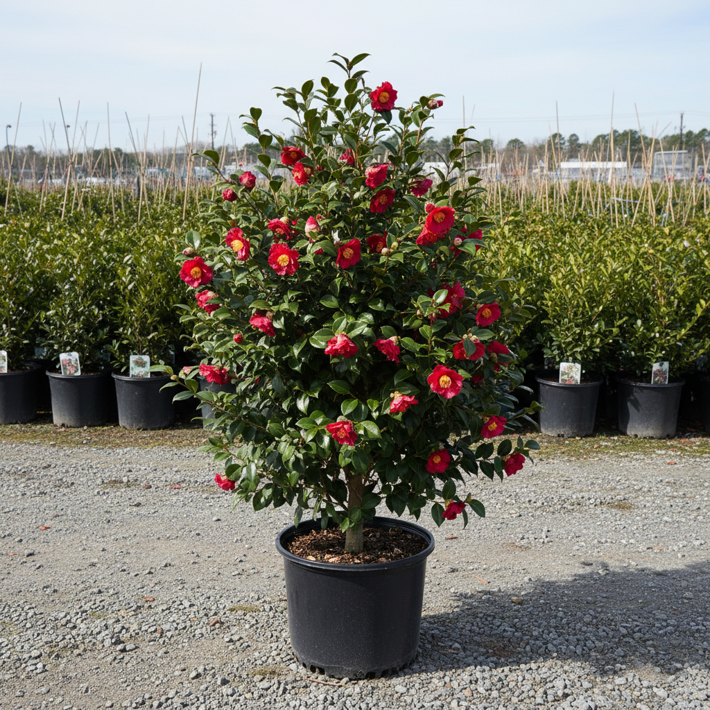 Camellia Greensboro Red in black nursery trade container, upright evergreen shrub with glossy dark green leaves and rich deep red semi-double flowers, outdoor nursery lot background
