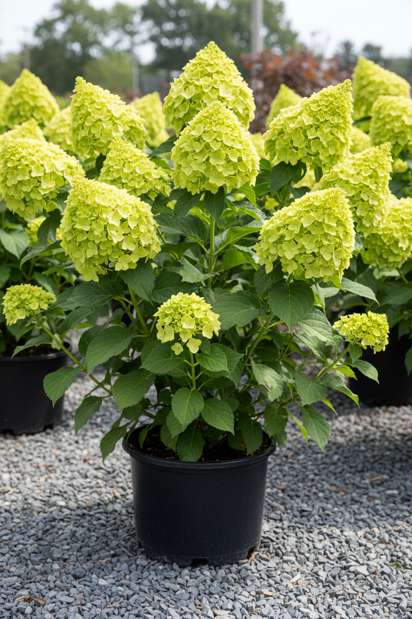 Limelight Prime panicle hydrangea in black nursery pot with large lime green cone-shaped panicles