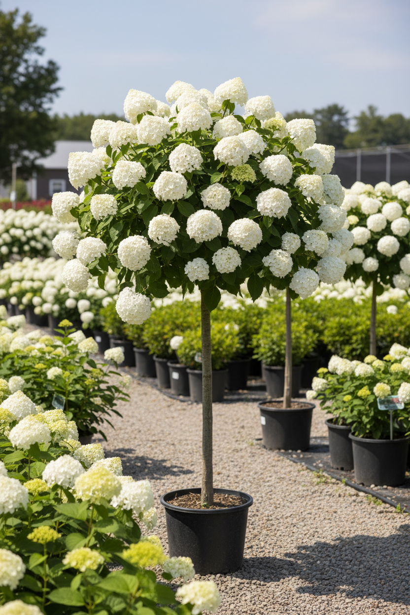 Tree Form Hydrangea in full bloom with large white mophead flowers on a single upright trunk