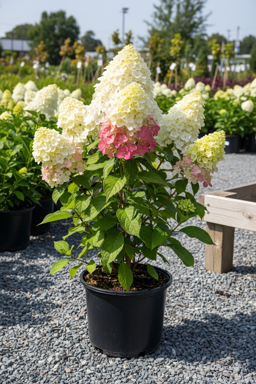 Vanilla Strawberry panicle hydrangea in black nursery pot with large two-toned creamy white and strawberry pink panicles